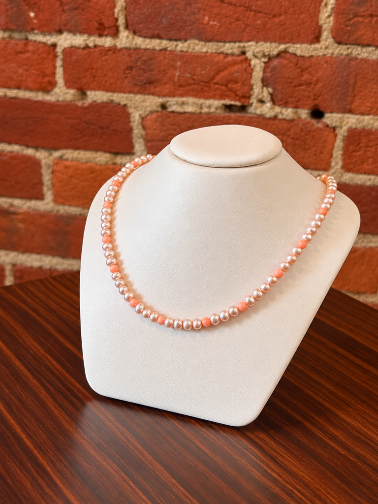 Pink Pearl + Salmon Pink Coral Bead Necklace