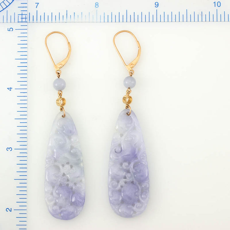 Carved Lavender Jade Earrings with Diamonds