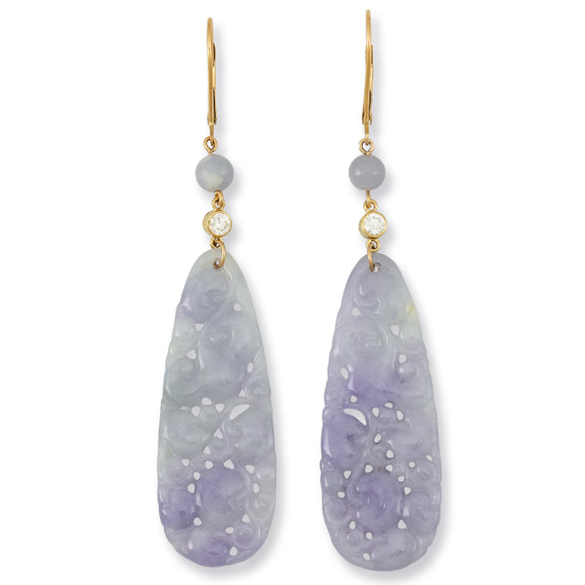 Carved Lavender Jade Earrings with Diamonds