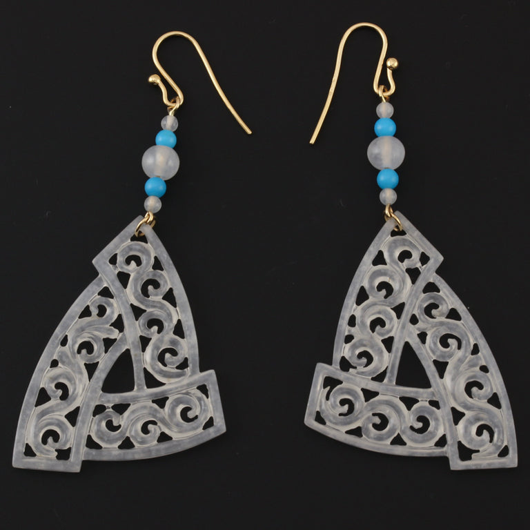 Carved Ice Jade & Turquoise Earrings