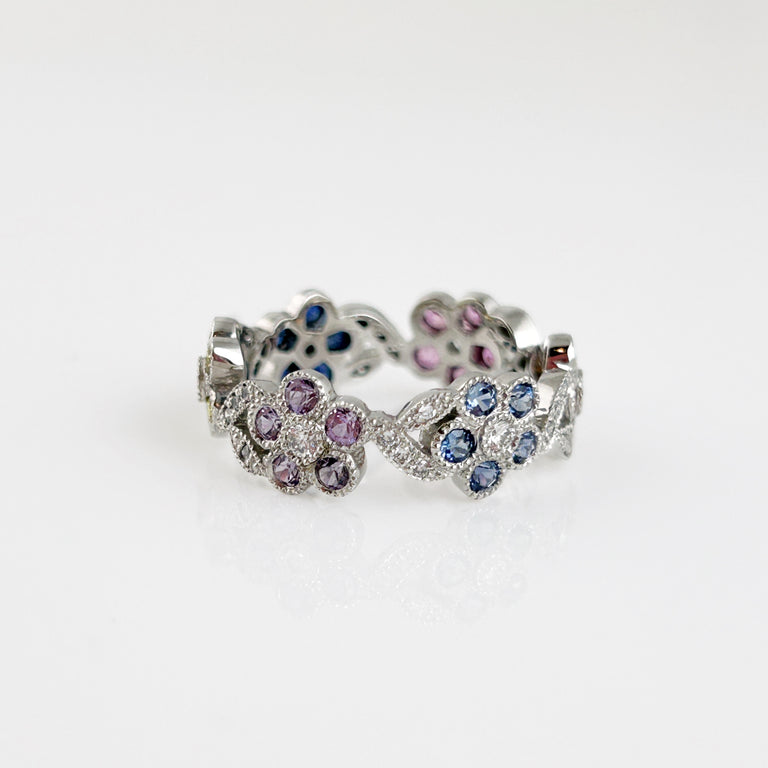 Sapphire, Diamond + Platinum Flower Band