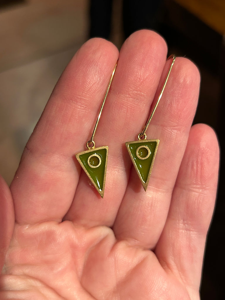 Small Green Nesting Circle + Triangle Earrings