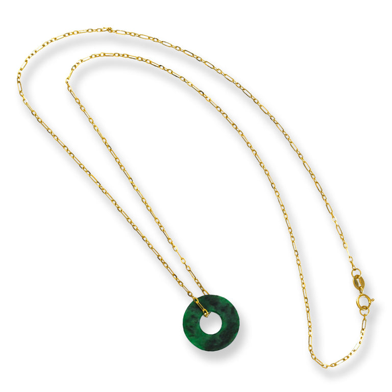 Green Jade Flat Circle Disc Pendant Necklace
