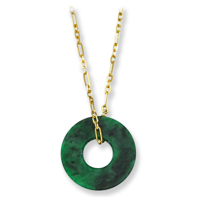 Green Jade Flat Circle Disc Pendant Necklace