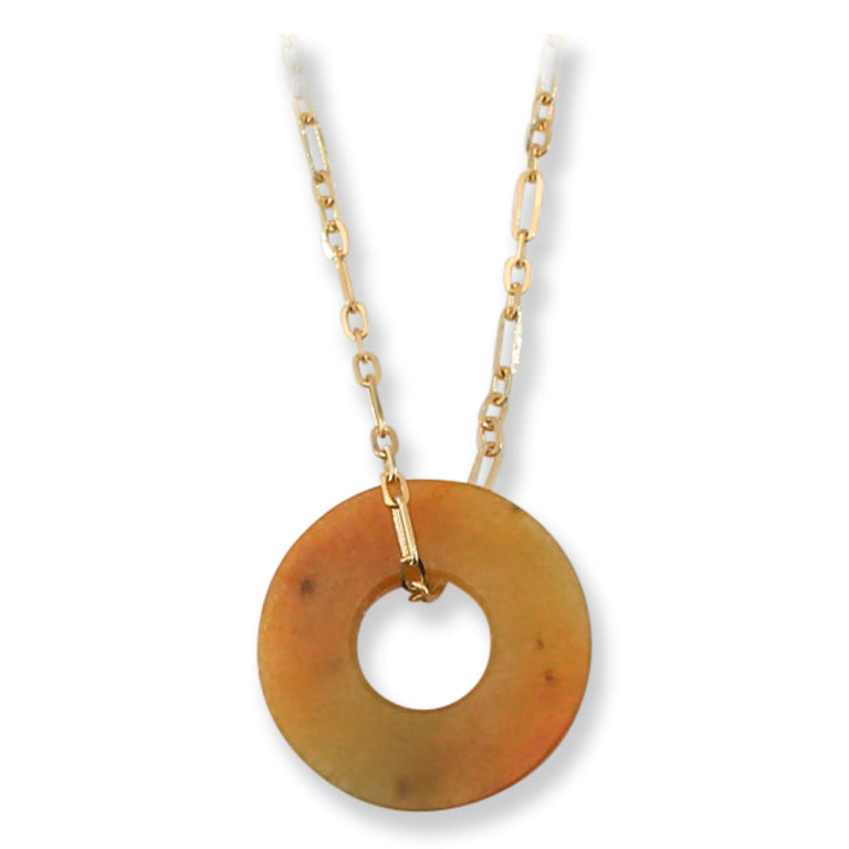 Yellow Jade Flat Circle Disc Pendant Necklace