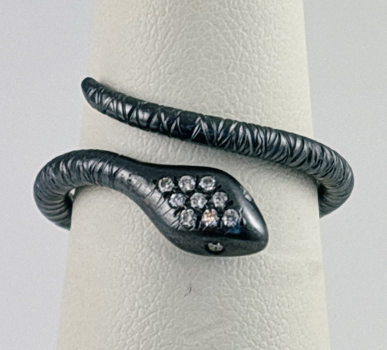 Oxidized Sterling Silver "Snake" Ring with Diamonds by Lika Behar