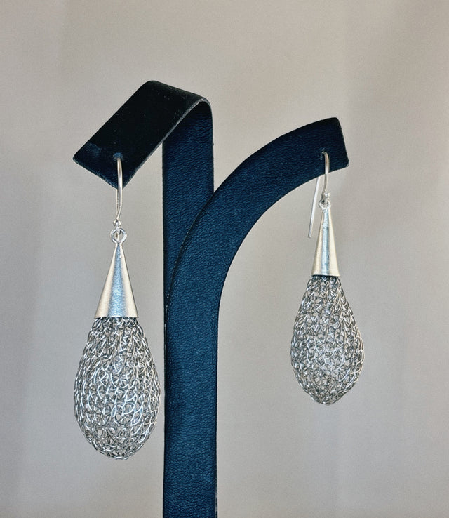 Knit Silver Wire Mesh Raindrop Earrings
