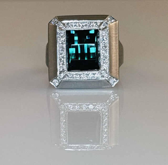 Blue Green Tourmaline + Diamond Ring