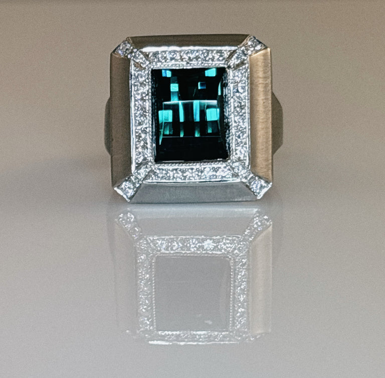 Blue Green Tourmaline + Diamond Ring