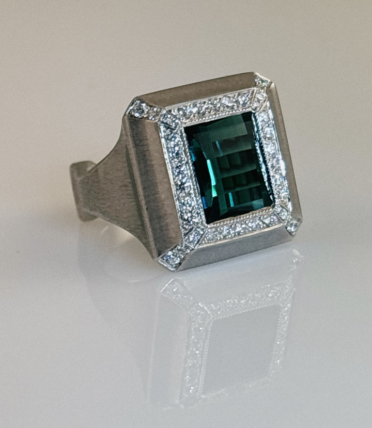 Blue Green Tourmaline + Diamond Ring