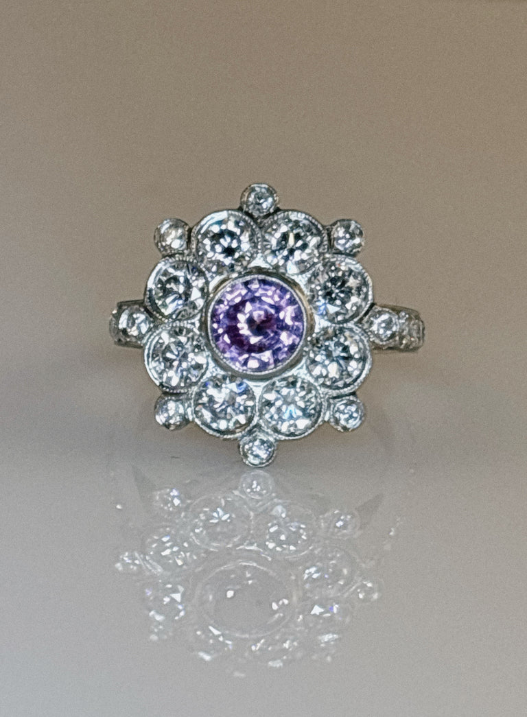 Pink Sapphire +  Diamond Floral Platinum Ring