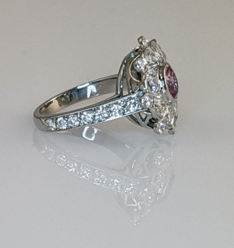 Pink Sapphire +  Diamond Floral Platinum Ring