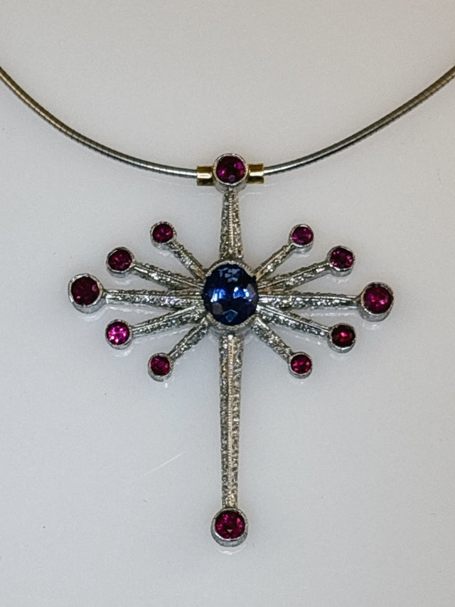 Blue Sapphire, Ruby+ Diamond Radiant Pendant Necklace