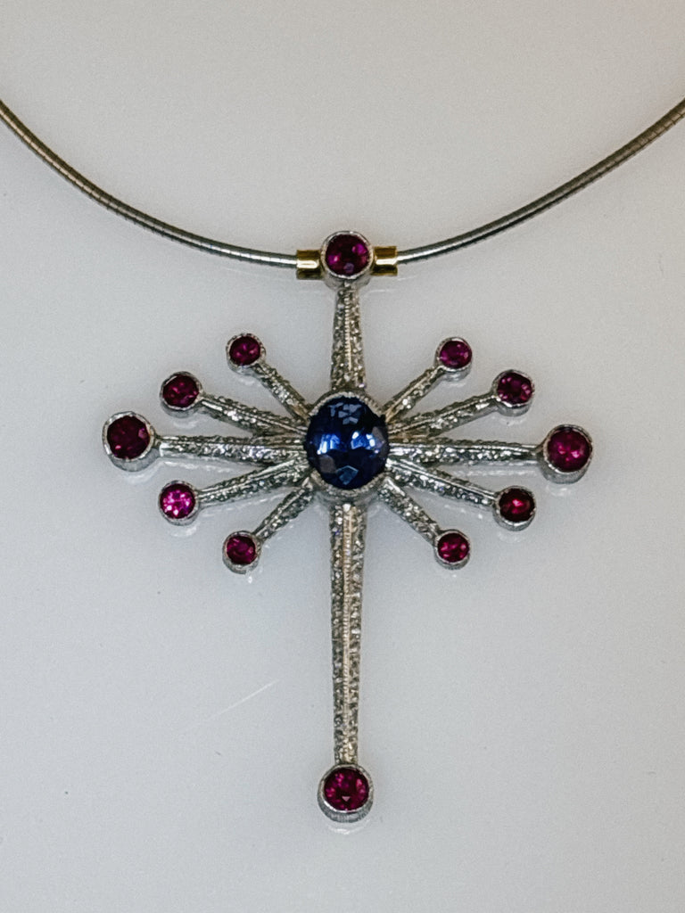 Blue Sapphire, Ruby+ Diamond Radiant Pendant Necklace