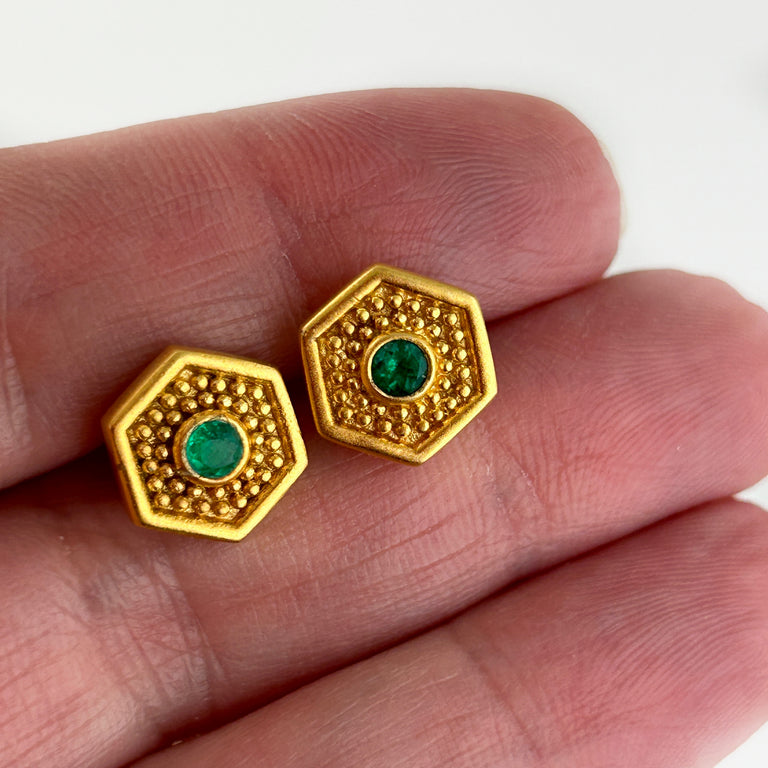 Emerald Dot Hex Stud Earrings