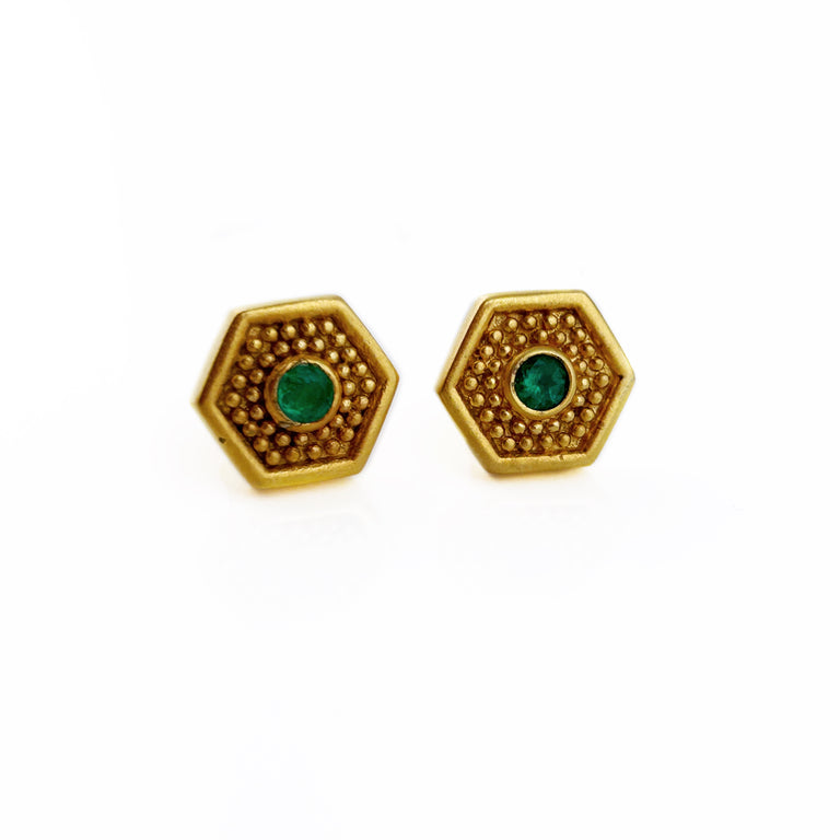Emerald Dot Hex Stud Earrings