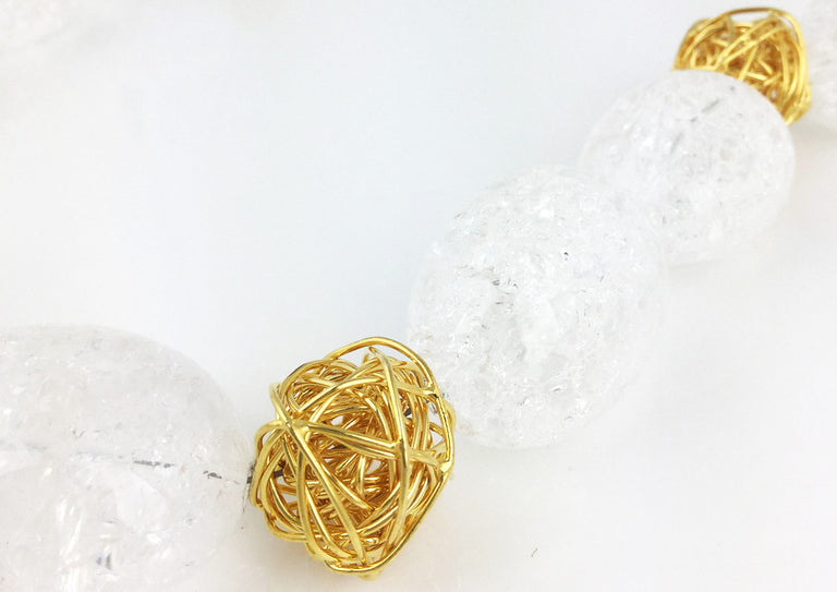 Crackled Quartz + Gold Wire Ball Bead Necklace