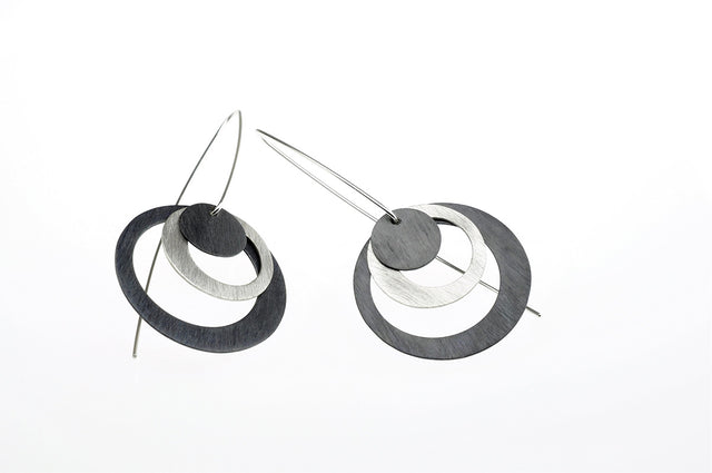 Long  White + Black Disk + Circles Earrings