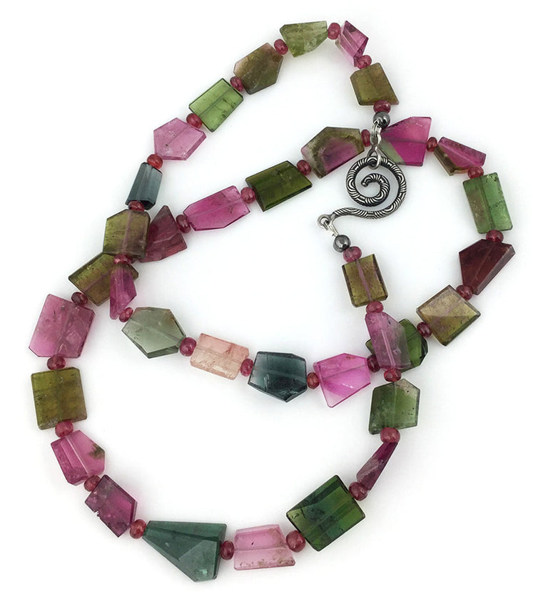 Bi-color and watermellon tourmaline nuggets with red spinel bead necklace handmade at EAT Gallery.