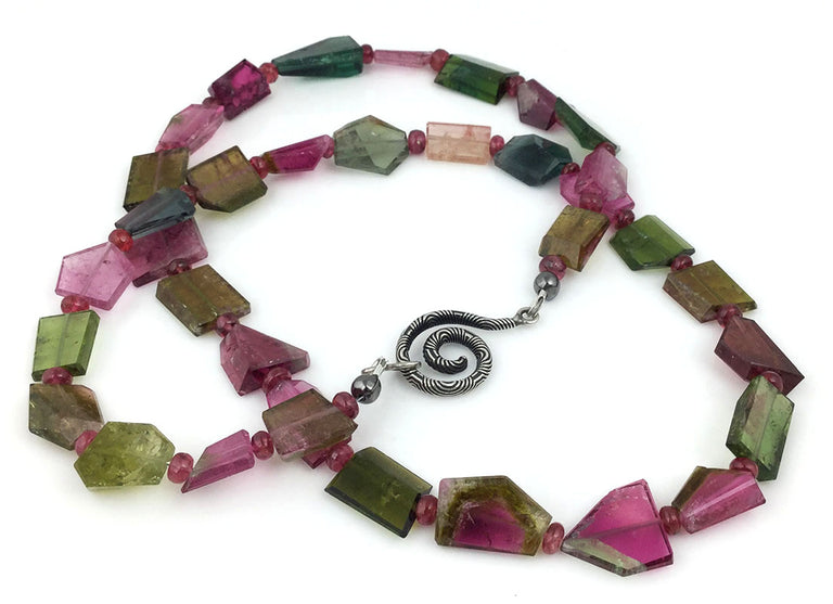 Bi-color and watermellon tourmaline nuggets with red spinel bead necklace handmade at EAT Gallery.