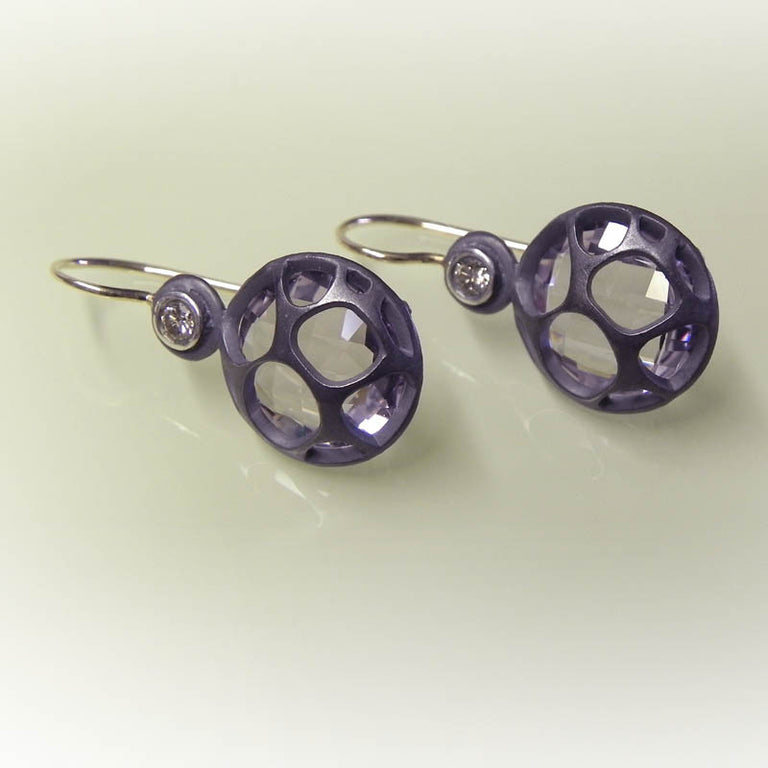 OXIDIZED STERLING EARRINGS WITH DIAMOND AND AMETHYST - EAT Gallery-mineral specimens, handcrafted jewelry, art, stone carvings, men's gifts, fine watches, home decor