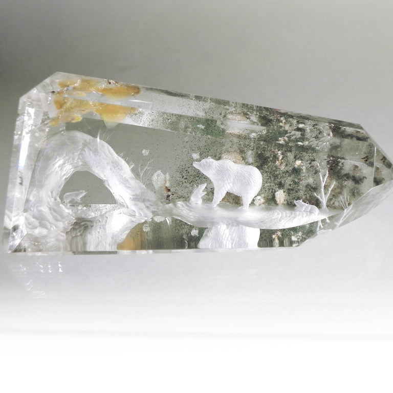 "BEAR IN NATURE" internal carving by Susan Allen in quartz crystal