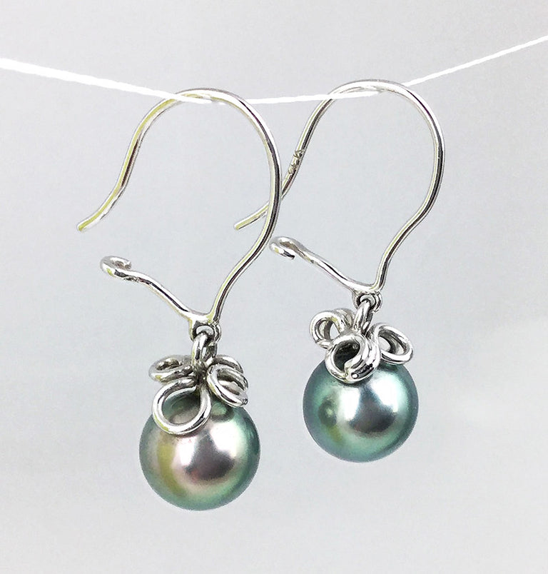 Tahitian Pearl Earrings with White Gold "Ribbons"