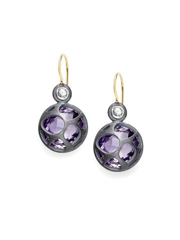 Barcelona cage amethyst earrings with 14k yellow gold, oxidized sterling silver and champagne diamonds.