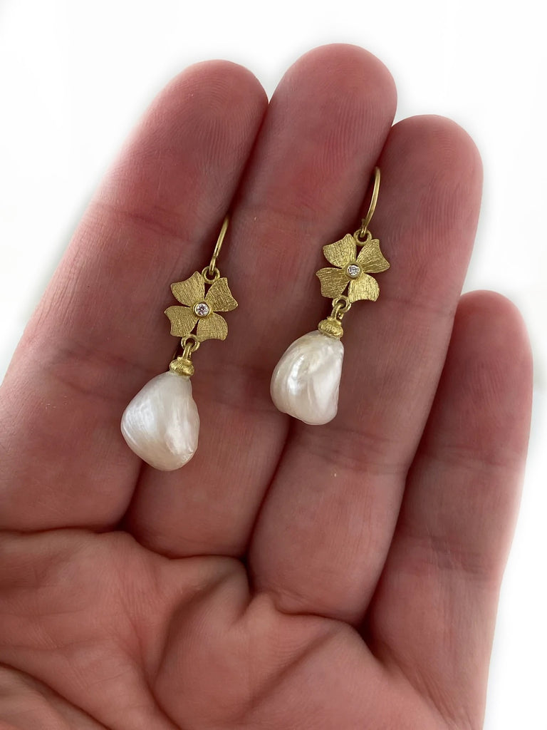 Flower Earrings with Baroque Pearl Drops