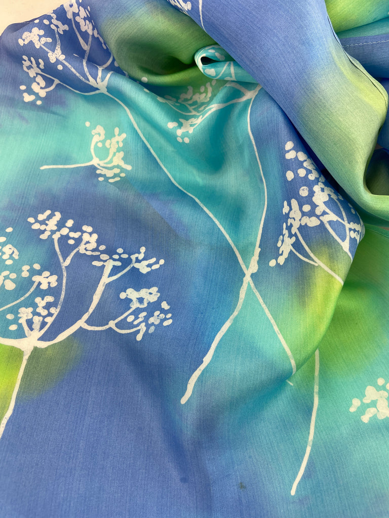 Blue + Green Trees Batik Silk Scarf