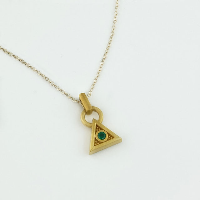 Gold Triangle Pendant Necklace with Columbian Emerald