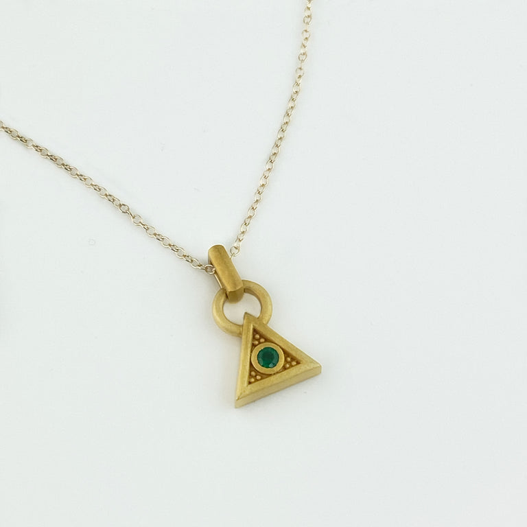 Gold Triangle Pendant Necklace with Columbian Emerald