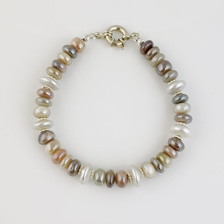 Indian Moonstone + Coin Pearl Bracelet