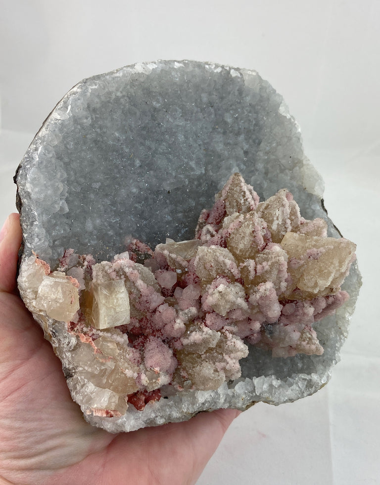 Red Fluorite, Heulandite, Apophyllite + Calcite in  Quartz Geode