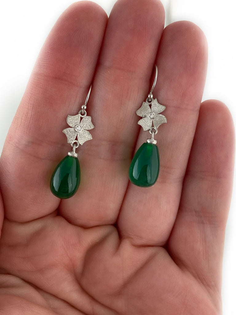 Flower Earrings with Green Onyx Drops