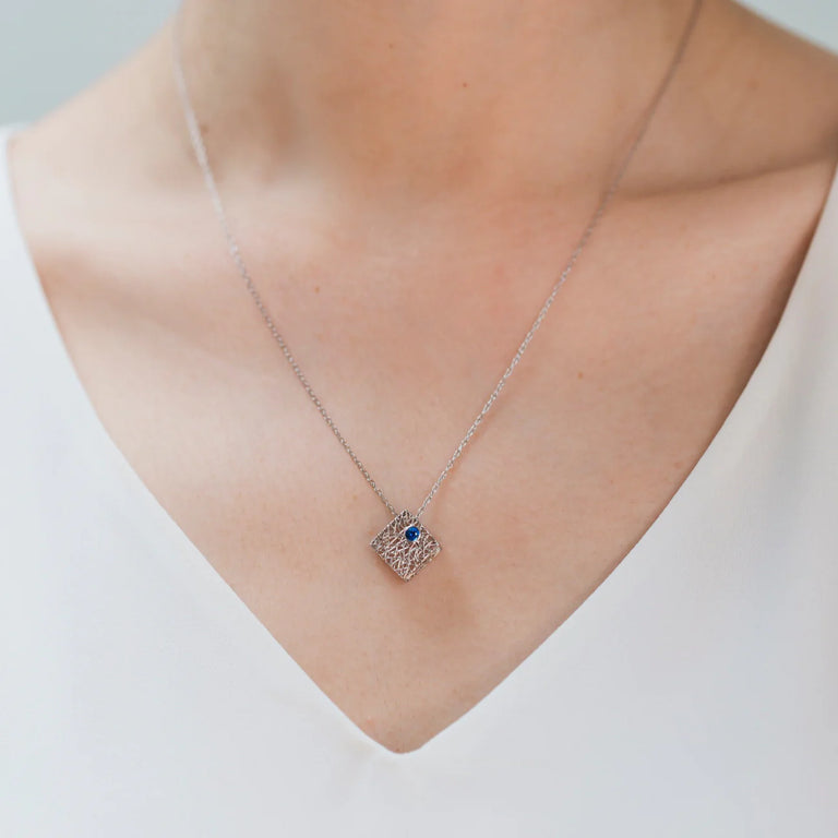Platinum Box Pendant Necklace with Sapphire